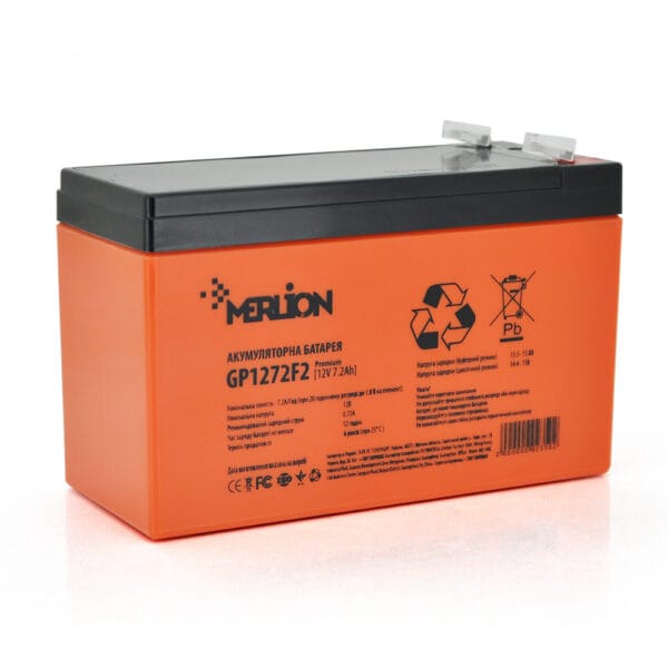 Аккумуляторна батарея MERLION AGM GP1272F2 PREMIUM 12 V 7,2 Ah ( 150 x 65 x  95 (100) )  Orange Q10